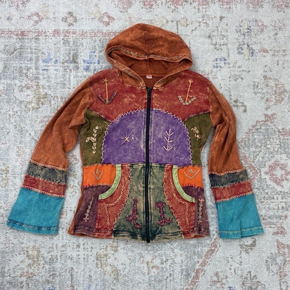 Boho Nepal Patchwork Hoodie Jacket L 100% Cotton Hippie Embroidered Fairycore